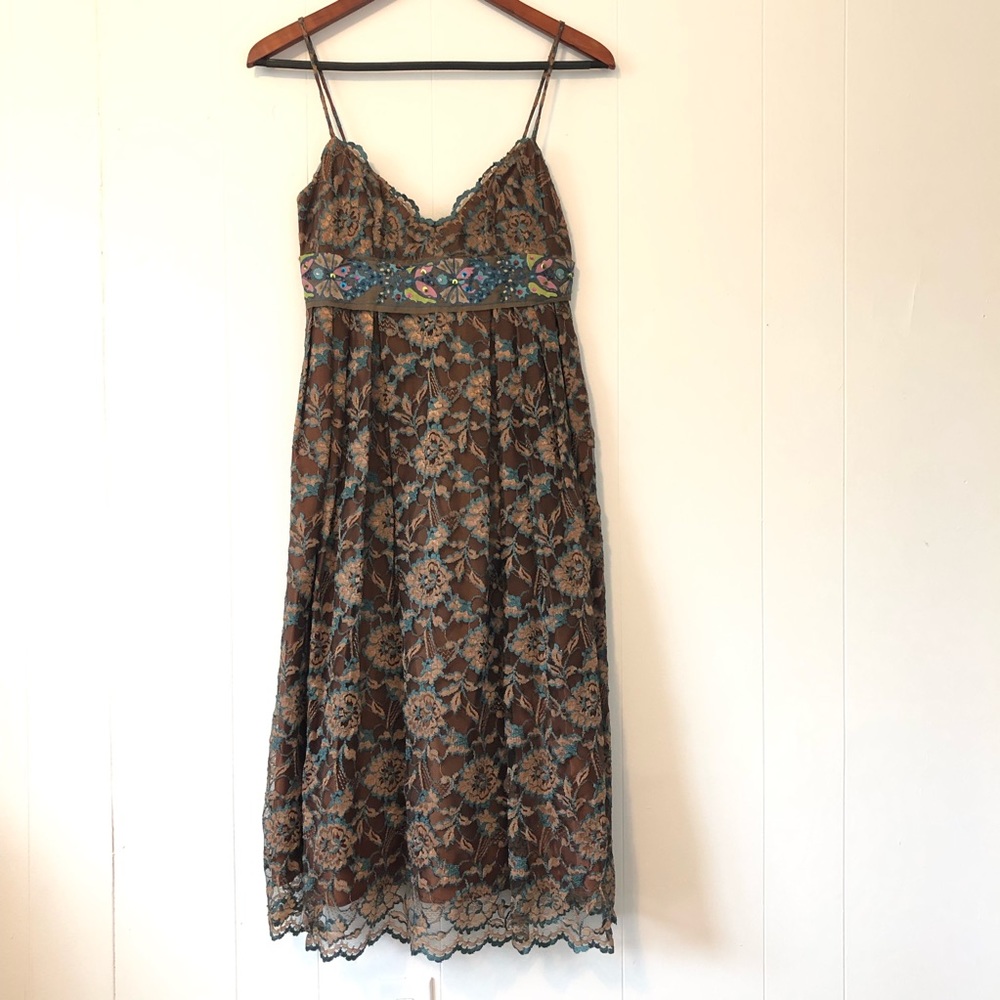 NWT Anna Sui Brown Lace Beaded Dress 6